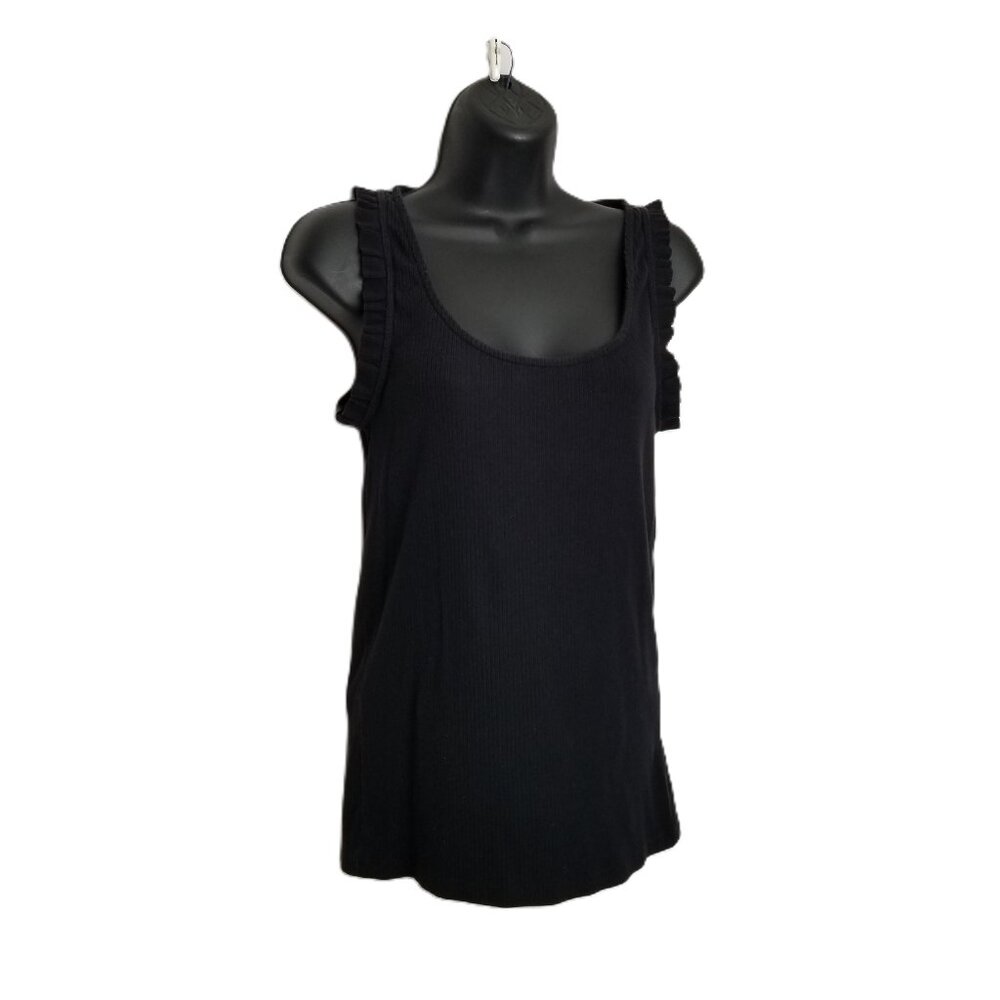J.Crew Ribbed Tank Top Medium Black Ruffle Strap Feminine Fitted